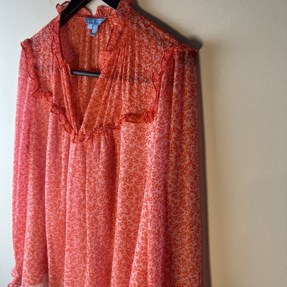 Draper James Top Floral 2X Ruffle Cottage Core Peasant Orange Sheer Long Sleeve - Picture 3 of 10